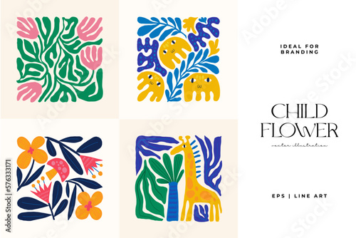 Floral abstract elements. Botanical composition. Modern trendy Matisse minimal style. Floral poster  invite. Vector arrangements for greeting card or invitation design