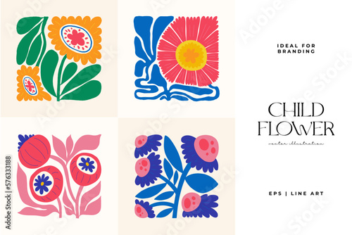 Floral abstract elements. Botanical composition. Modern trendy Matisse minimal style. Floral poster, invite. Vector arrangements for greeting card or invitation design