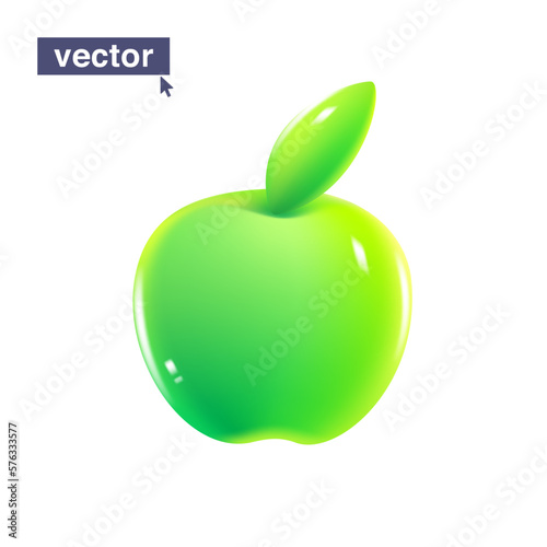 Green apple with shiny leaf, juicy vector emoji illustration. Pure fruit logo for vegetarians.