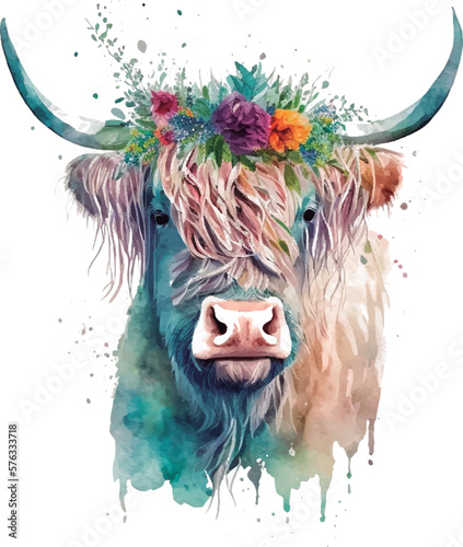 beautiful watercolor highland cow with flowers on her head floral headband