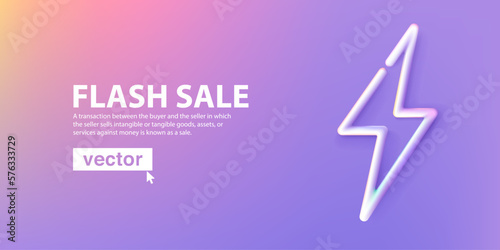 Flash sale banner template. Lilac lightning or thunder neon line icon on violet pastel background with shadow vector 3D rendering.