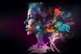 Beautiful Fantasy Abstract Portrait Of A Beautiful Woman Double Exposure With A Colorful Digital Paint Splash Or Space Nebula. Generative AI