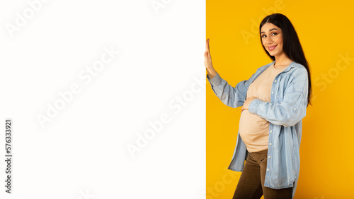 Happy young pregnant woman posing near blank white board for text and touching belly, mockup