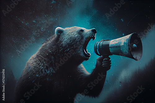 Bear roaring on a megaphone, announces the beginning of a bearish trend or recession and the end of the bullish trend in the stock and cryptocurrency market. AI.