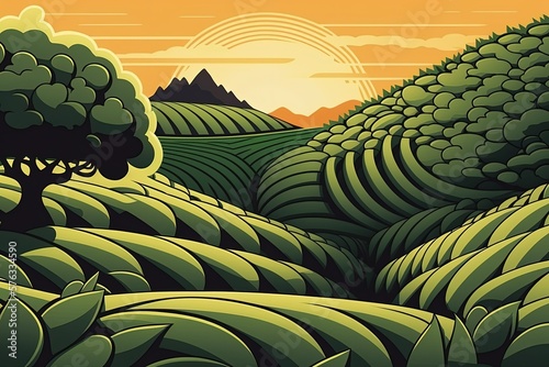 Background of a green tea plantation at sunset. Generative AI