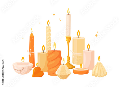 A beautiful collection of various candles for relaxation and spa