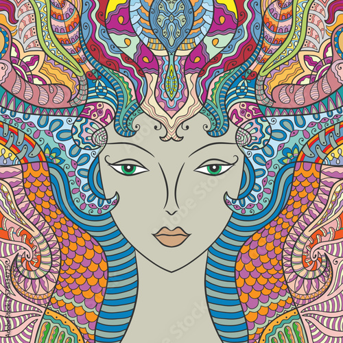 Beautiful fashion woman with abstract long hair. Hand drawn face. Colorful doodle cartoon illustration. Spring, summer girl, fantasy folk art