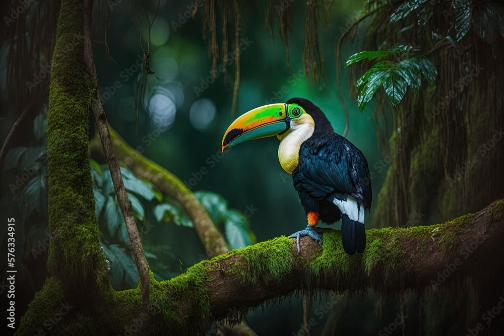 Obraz premium A toucan perches on a limb in a lush forest backdrop. Central American ecotourism and adventure travel. Ramphastos sulfuratus, or the keel billed toucan. Creatures wild to Nicaragua. Generative AI