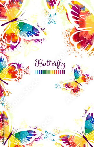 Frame for text with watercolor colorful butterflies. Vertical background. Vector illustration