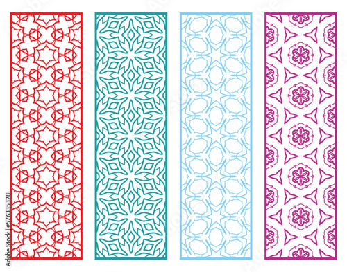 Decorative geometric line borders with repeating texture. Tribal ethnic arabic, indian, turkish ornament, bookmarks templates set. Isolated design elements. Stylized lace patterns collection