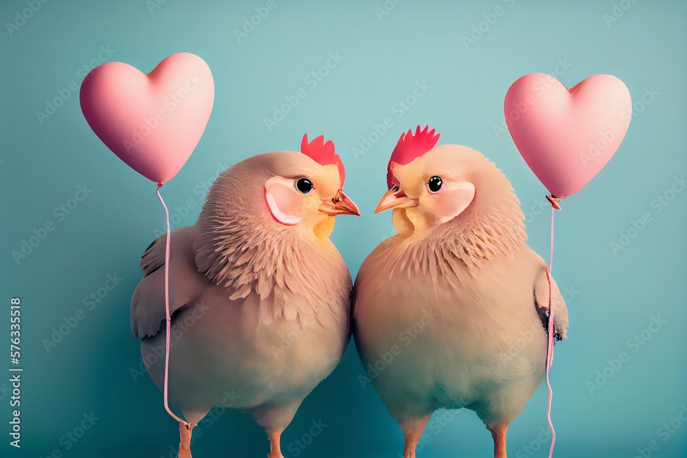 Cute Chicken Couple Holding Valentine Heart Shape Balloon On Pastel Background. Photograph Of