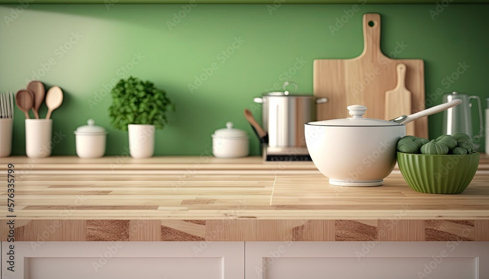 empty wooden desk over blurred,defocused kitchen with copy space. Generative Ai 