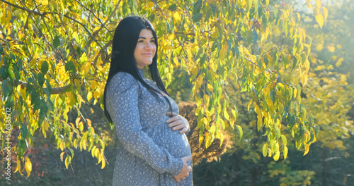 Happy pregnant woman smiling dreaming about baby in sunny autumn park. Pregnant mother strokes, touches belly on nature background of yellow trees foliage. Bright natural sun light day in fall forest