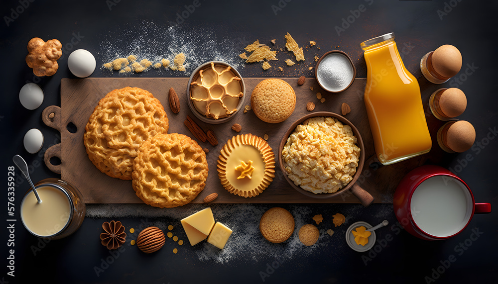 cookies, cornflakes, flour, orange juice, breakfast, generative ai cookies, cornflakes, flour, orange juice, breakfast, generative ai