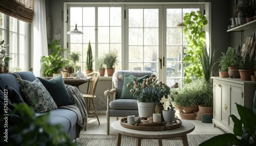 A touch of nature inside with beautiful plants that not only improve the aesthetics of the home, but also improve air quality and general well-being. sustainable life. © Gabi