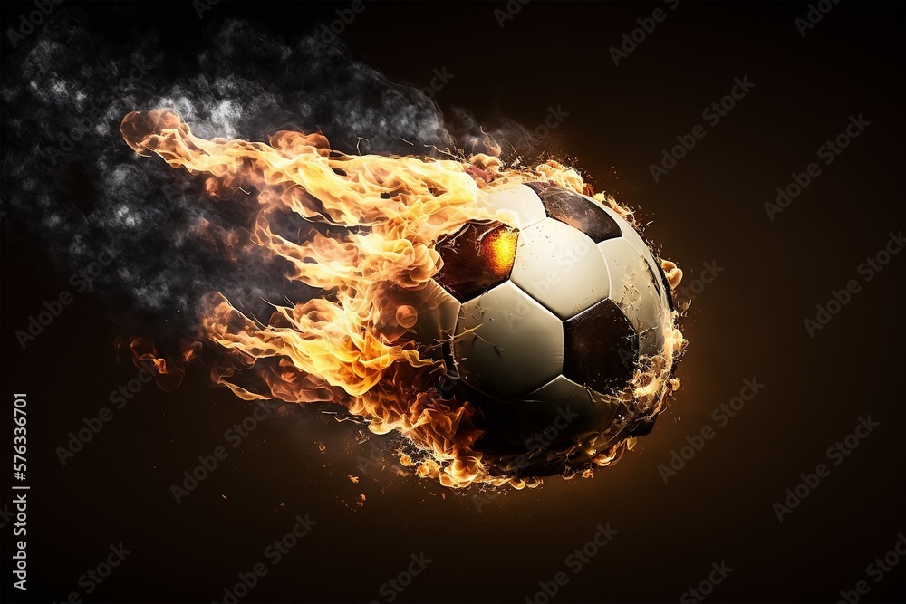 Fototapeta premium Burning with flames football flies on dark background. Generative ai