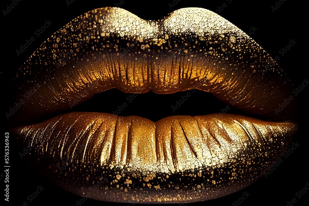 Gold Lips Metallic Gloss On Black Background, Fashion Lip Makeup Close-Up, Macro Texture Lip Makeup. Generative AI Gold Lips Metallic Gloss On Black Background, Fashion Lip Makeup Close-Up, Macro Texture Lip Makeup. Generative AI