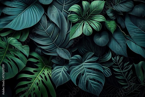 Green Plant Leaves Background, Floral Tropical Pattern For Wallpaper. Generative AI
