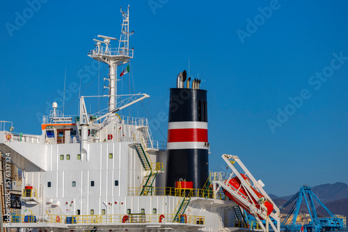GENOA, ITALY, FEBRUARY 2, 2023 - Detalis of The North Treasure  industrial ship of Panama moored in the port of Genoa, Italy photo