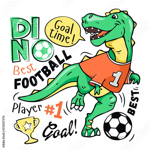 Art. Cute dinosaur plays soccer. Design for kids poster, T-shirt, prints, nursery closing, fabrics. Vector illustration. T-rex dinosaur. Football.