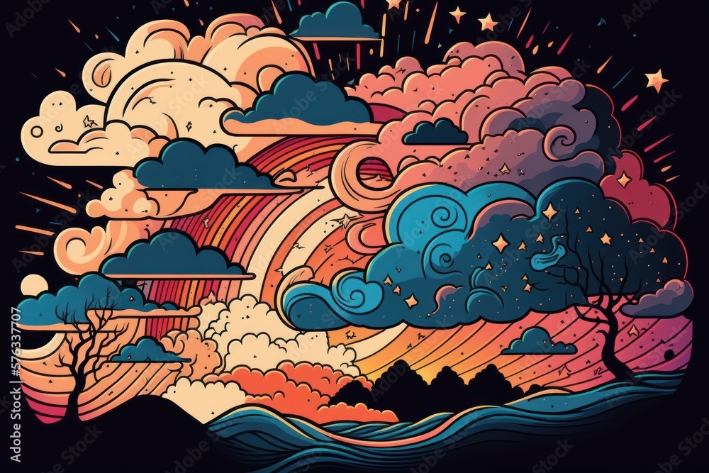Whimsical Doodle Cartoon Cloudy Sky Illustration in Abstract Style, generative ai