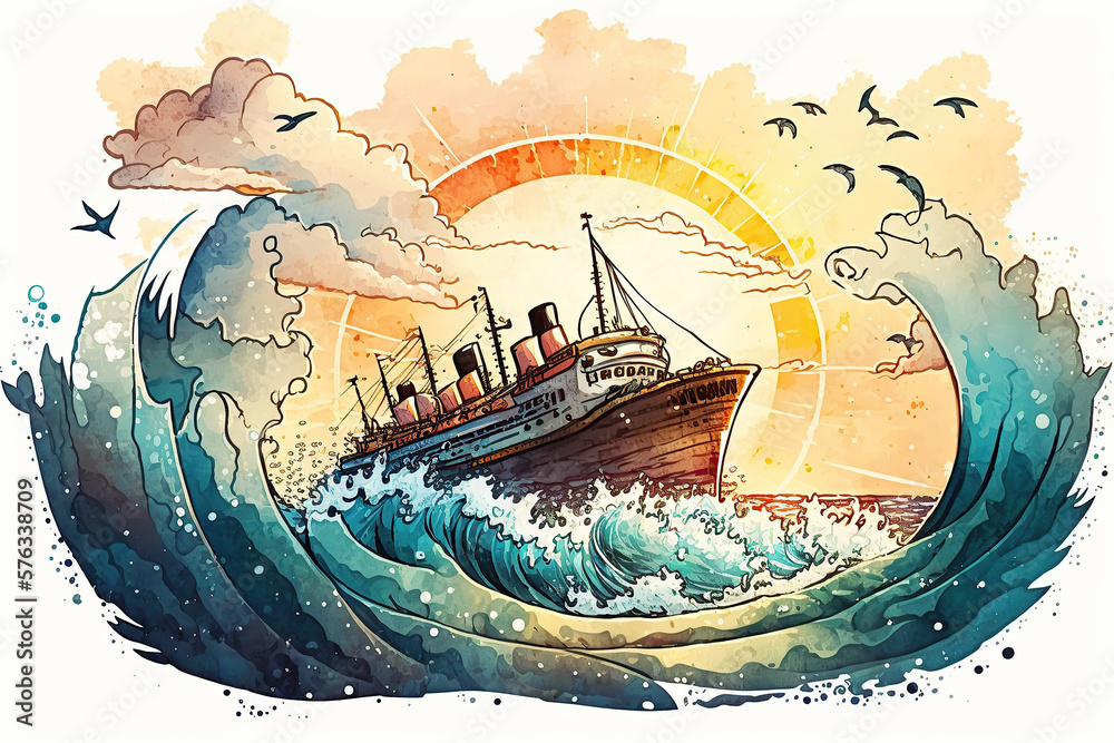 Naklejka premium A ship sailing during a storm, high waves, sailing, drawing concept, cartoon, created with Generative AI