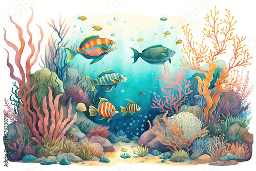 Beautiful coral reef full of life  fish and underwater plants  watercolor concept  created with Generative AI