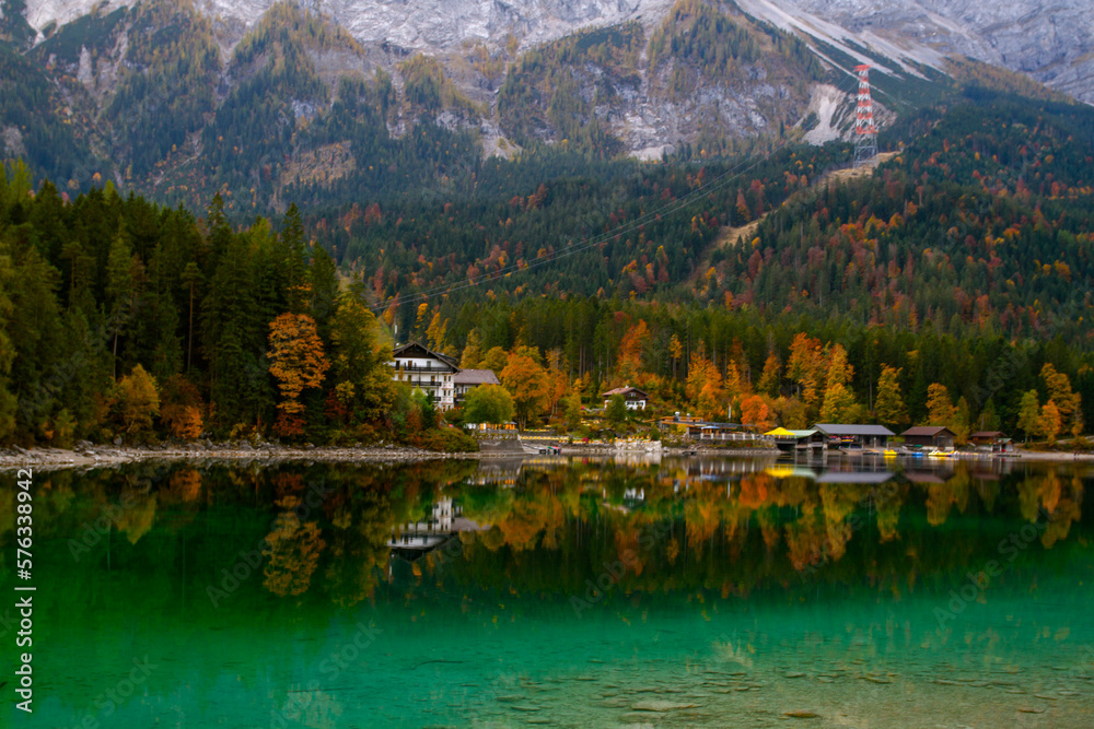 Eibsee in Germany, a lake in Bavaria. Located at an altitude of 1000 m, a few kilometers from the highest mountain in the country - the Zugspitze. The water in the lake is turquoise. Tourism in Europe