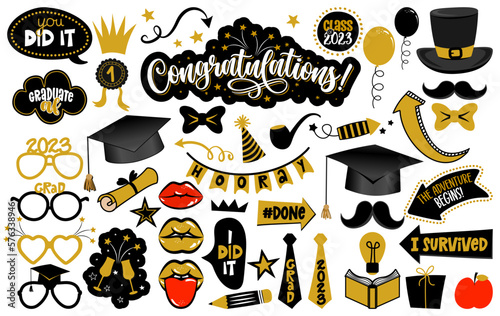 Congratulations Graduates photo booth prop set. Premium vector cap, hat, lips, eyeglasses, degree and many other. Graduation party photo booth. Let the adventure begin. photo