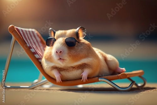 Obraz na plátně Young hamster relaxing on his sun lounger near a beach