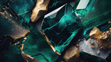 Raw gemstones malachite and emerald in gold. Jewelry background. Photorealistic drawing generated by AI.