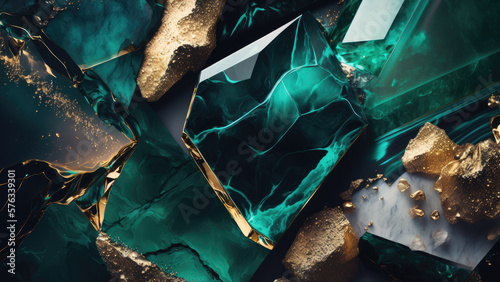 Raw gemstones malachite and emerald in gold. Jewelry background. Photorealistic drawing generative AI. photo