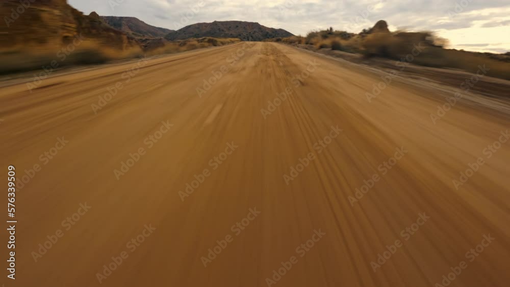 Dynamic Fpv drone shot of Bardenas Reales desert in southeast Navarre, Spain.