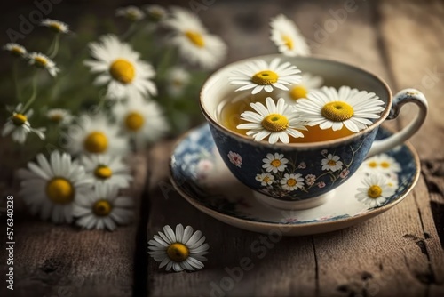 A cup of chamomile tea on a wooden table. Herbal tea on a wooden rustic table (Generative AI)