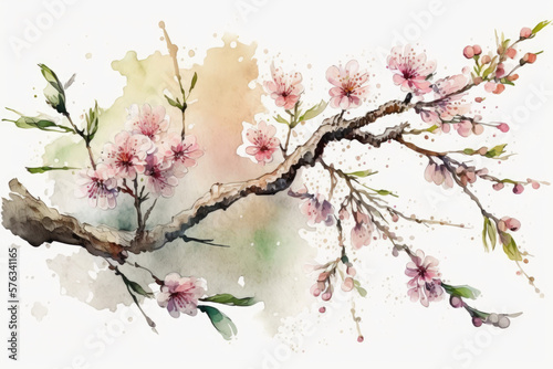 Blooming branch of pink cherry flowers, generative AI © Kien