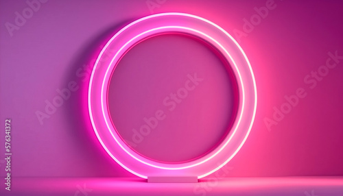 pink ring light pedestal podium with circle LED neon blank background. Generative ai