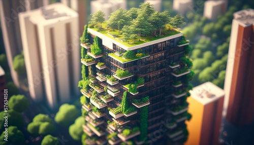 Green and futuristic Eco-friendly city of tomorrow. Vertical gardens in contemporary cities, covered with green trees and plant. Generative ai #576341501