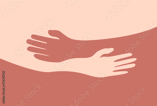 Human hugs hugging hands support and love symbol hugged arms girth silhouette unity and warmth feeling, flat vector illustration