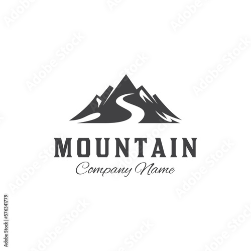 vintage mountain landscape vintage logo with rocks and road for Hipster Adventure Traveling logo can be used track biker cross