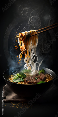 Vietnamese soup dish consisting of broth, rice noodles, herbs, and meat called Pho on dark background. Concept of delicious street food.