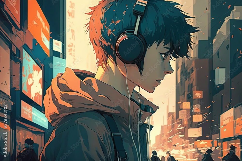 Anime guy with headphones on city street. Stock Illustration | Adobe Stock