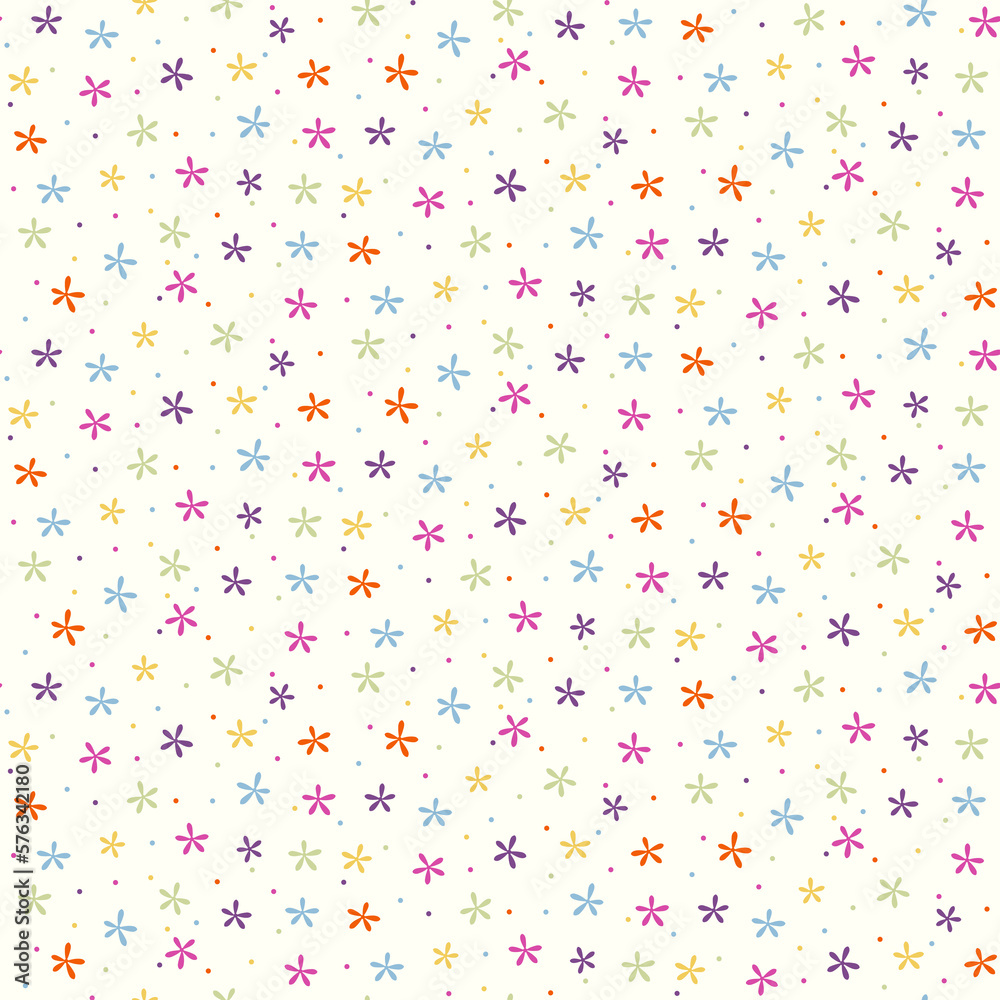 Seamless pattern of brightly coloured small abstract retro style flowers on a cream background.
Seamless pattern of brightly coloured small abstract retro style flowers on a cream background.