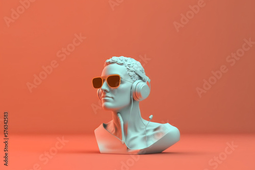 Minimal scene of sunglasses and headphone on human head sculpture, Music concept, 3d rendering.