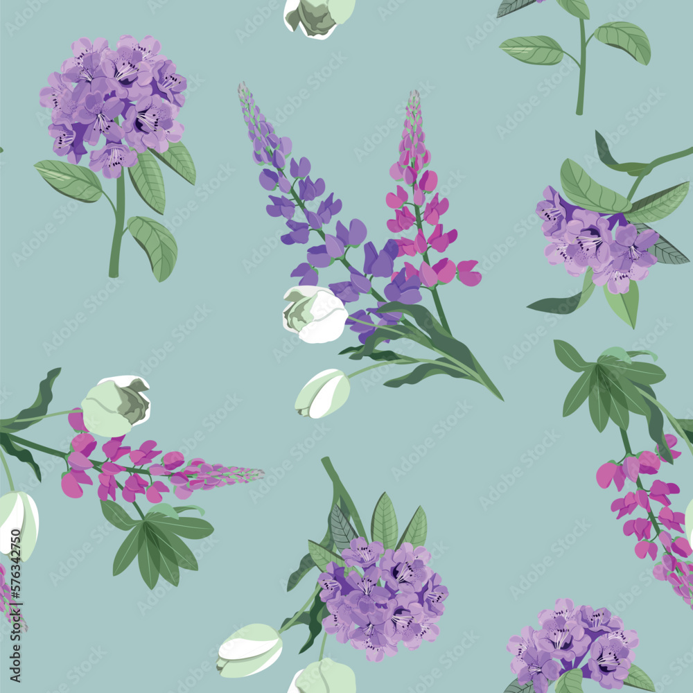 Vector pattern with rhododendron, lupines and tulips on a gray background.