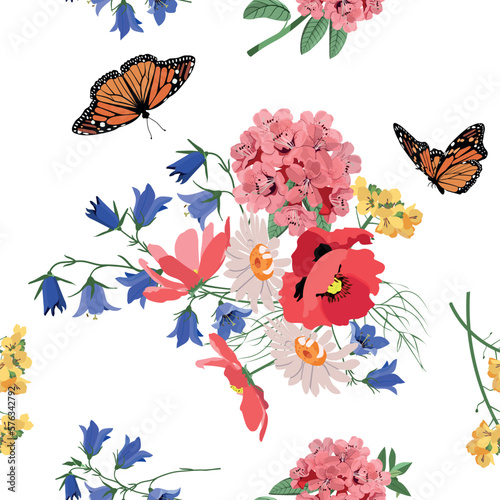 Seamless vector illustration with field bells, poppy, rhododendron and butterflies on a white background.