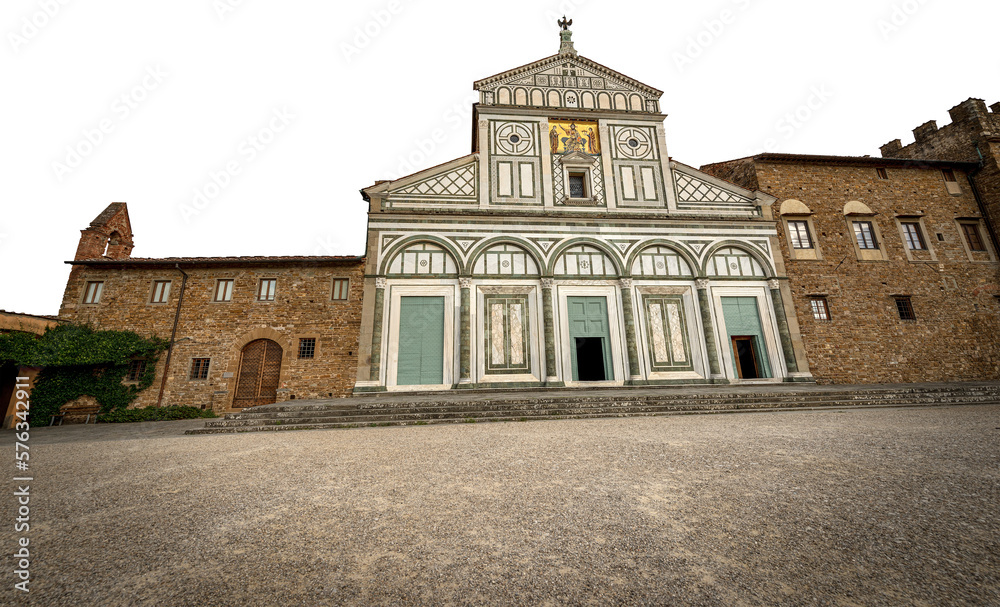 Florence. Facade of the famous Basilica of San Miniato al Monte in Florentine Romanesque style (1013 - XII century). Isolated on white or transparent background. Tuscany, Italy, Europe. Png.
