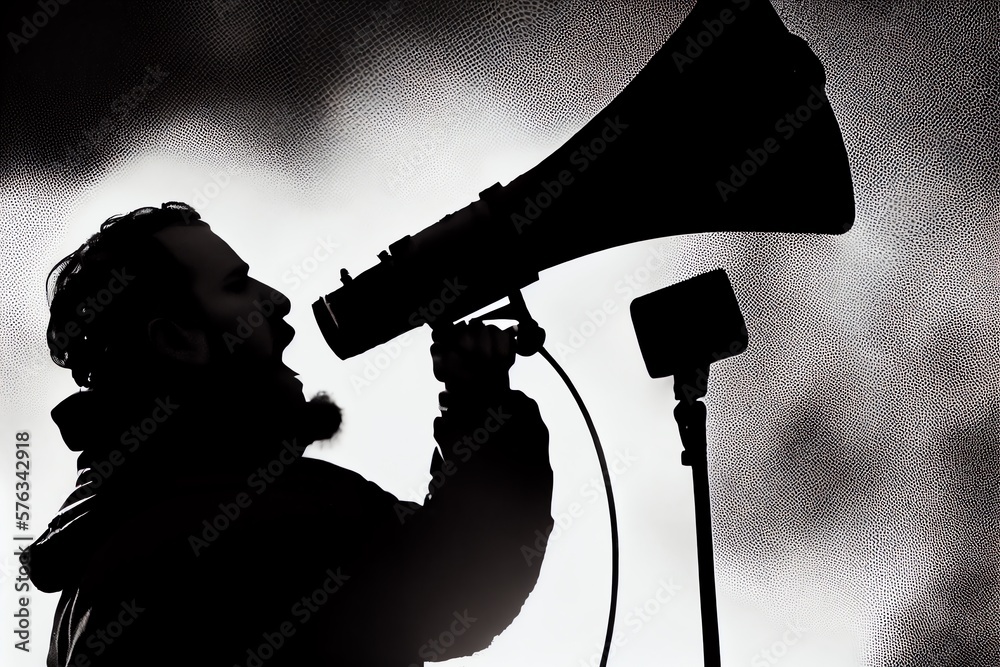 Silhouette Of A Man Speaking Through A Loudspeaker At A Demonstration. Generative AI