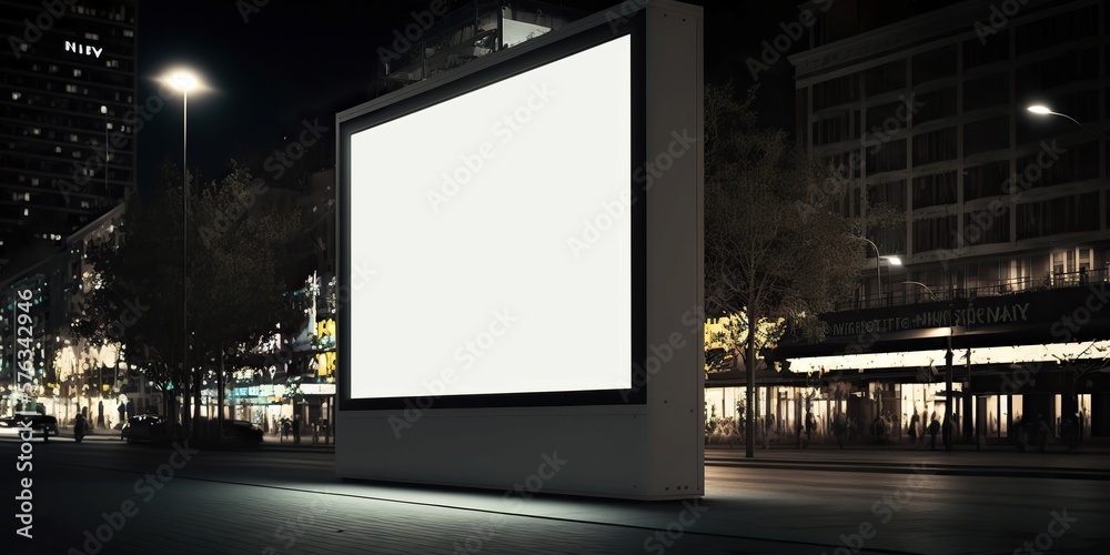 blank advertising neon box mockup in the middle of street, view of the city night, Generative AI blank advertising neon box mockup in the middle of street, view of the city night, Generative AI