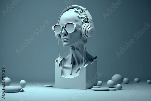 Minimal scene of sunglasses and headphone on human head sculpture, Music concept, 3d rendering.
