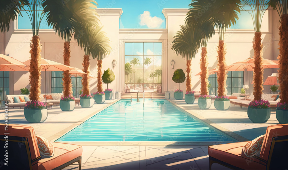 Fototapeta premium a large swimming pool surrounded by palm trees and lawn chairs. generative ai